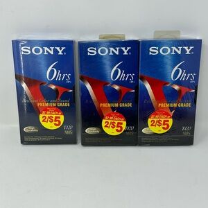 3 New Sealed Sony 6 Hrs EP Premium Grade T-120 Brilliant Color VHS Blank Tapes